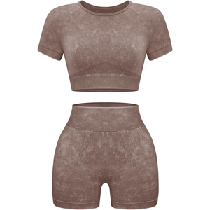 <b>Pink</b> Two Piece Yoga Set Crew Neck <b>Crop</b> <b>Top</b> High Waist Shorts Solid Color Stretchable Breathable - Product Image 4