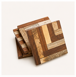 Posavasos de parquet de madera multicolor hechos a mano con incrustaciones geométricas de marquetería, cuadrados, para decoración del hogar y la oficina. - Product Image 1
