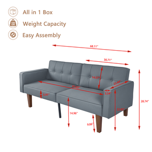 Sofá Futón Moderno de Estilo Mediados de Siglo, en Cuero PU, Ajustable y Reclinable, con Respaldo Acolchado y Patas de Madera y Metal, Sofá Cama - Product Image 6