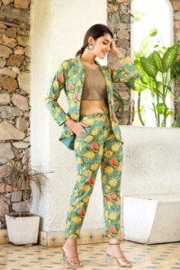 Summer Green <b>Blazer</b> Style Cotton Co-Ord <b>Set</b> Spring and Summer Cotton Multicolor Floral Printed <b>Set</b> Pure Cotton Co-Ord <b>Set</b> - Product Image 3