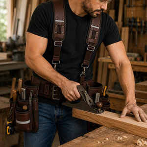 Premium leather construction tool pouch belt with multiple compartments hammer <b>holder</b> durable <b>stitching</b> and adjustable for sale - Product Image 4