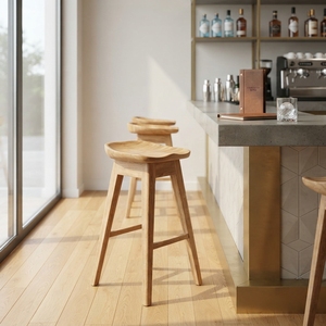 Premium wooden bar chair minimalist solid teak wood high <b>stool</b> kitchen island tall <b>stool</b> saddle <b>seat</b> frame units space layout - Product Image 2