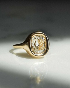 Cushion Cut 3CT Lab Grown <b>Diamond</b> <b>Ring</b> 14K Yellow Gold Bezel Set Signet <b>Ring</b> Modern Statement Fine Jewelry Design - Product Image 1