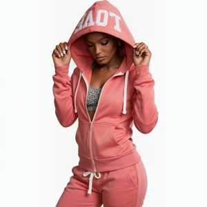 OEM/ODM Women's Solid <b>Hooded</b> <b>Zip</b>-Up Jogging Sets with Custom Embroidery White Letter Drawstring Pockets 100% Cotton Anti-shrink - Product Image 4