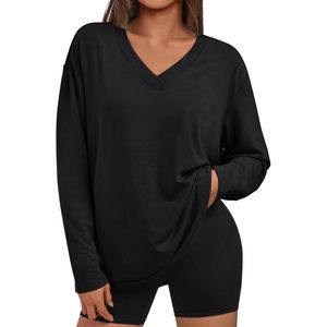 FOXA 2025 T-shirts surdimensionnés pour femmes, col V, manches longues, hauts de gymnastique, t-shirts basiques de grande taille pour le printemps, vêtements d'entraînement décontractés - Product Image 5