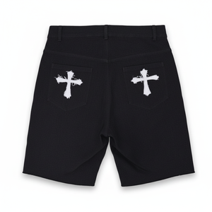 Men’s Black Denim Shorts Rhinestone Cross Design Flame Hem Distressed embriodry logo Streetwear <b>Hip</b> Hop Jean Shorts <b>for</b> women - Product Image 6