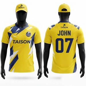 Maillot de badminton en polyester 140 GSM de qualité supérieure, respirant, séchage rapide, impression par sublimation personnalisée, maillot de sport d'équipe, jaune, panneau marine - Product Image 1