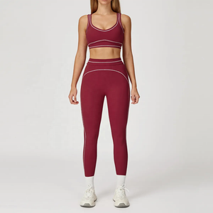 Ensemble de yoga 2 pièces : Crop top taille mi-haute et leggings longs, couleur unie, surpiqûres contrastées, respirant, grande taille, léger, tenue de sport - Product Image 1