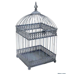 Cage à oiseaux antique en fil de fer, forme carrée, base décorative, utilisation intérieure pour petits oiseaux, finition peinte durable, fermeture à boucle et crochet - Product Image 1