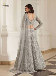 Women's Traditional Champagne Silver Butterfly Net Floor-Length Lehenga Choli Dupatta Banglori Silk Inner Embroidered <b>Wedding</b> - Product Image 2