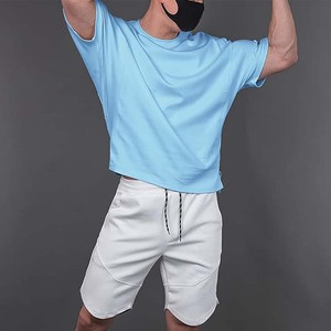 Men's Oversized Light Blue Solid Color Casual T-Shirt Short Sleeve O-Neck Jersey Knitted Plain Dyed Fit - Product Image 4