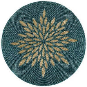 Round Textile <b>Coaster</b> with Gold Embossed Floral Design Teal Color Modern Style Promotional Use - Product Image 1