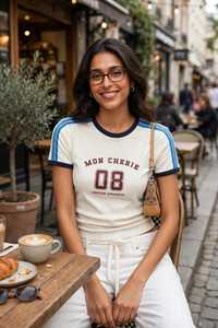 T-shirt Ringer à manches courtes crème pour femme avec rayures bleues et imprimé Mon Cherie 08 - Product Image 6
