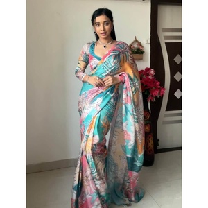 DISEÑADOR SATÉN SEDA IMPRESIÓN DIGITAL TRABAJO LISTO PARA USAR SAREE CON BLUSA DESCOSADA SKY - Product Image 1