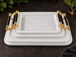 Bandeja Rectangular de Madera de Olivo con Asas Doradas, Soporte para Servir Alimentos, Bandeja Grande de Madera con Asas Doradas, Estilo Moderno y Lujoso - Product Image 1