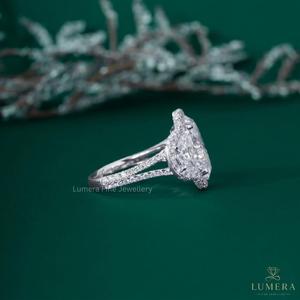 Luxury 18K White Gold Oval Cut 3-Stone Engagement <b>Ring</b> with Half <b>Moon</b> Side Stones Continuous Halo - Product Image 5