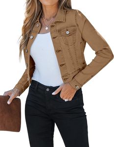 Brown wax Denim <b>Jacket</b> Turn-down Collar Button Closure Regular <b>Sleeve</b> Solid Color Autumn Casual Wear Slim Fit <b>Short</b> Length - Product Image 3
