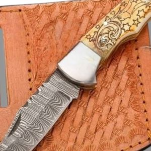 Couteaux pliants Damas d'extérieur avec étui en cuir, couteaux de poche EDC portables pour la chasse, le camping, la randonnée, la survie et l'usage quotidien - Product Image 6