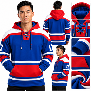 Unisex <b>Blue</b> Red <b>White</b> Ice Hockey Hoodie Lace up Drawstring <b>Striped</b> Pullover 100% Cotton Breathable Winter - Product Image 1