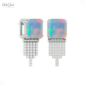 Trending Hot Product Natural 10mm Square Octagon Cut Ethiopian Opal <b>Drop</b> Earrings with 14k Solid Gold Diamond Push <b>Back</b> Earrings - Product Image 2