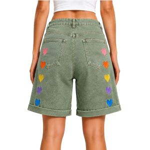 Shorts de Mezclilla para Mujer, Color Verde Salvia, con Corazón Arcoíris Bordado, Cintura Alta, Corte Holgado Informal, Dobladillo Enrollado, Algodón, Moda Verano - Product Image 2