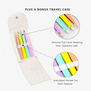 Ensemble de pinces à épiler pour extensions de sourcils de qualité supérieure, pinces à épiler à pointe inclinée multicolores, kit de manucure avec étui en cuir blanc - Product Image 4