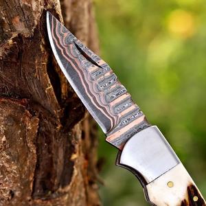 Cuchillo de caza de acero de Damasco con punta de gota y filo recto, mango de asta, espesor de 0.6mm, cuchillos plegables de bolsillo - Product Image 5