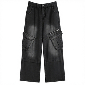 Jean cargo en denim taille haute pour homme, coupe ample, délavé, style utilitaire avec poches zippées, idéal pour l'automne - Product Image 3