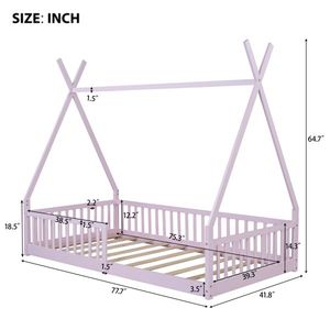 Twin Size Pink Wood House Bed with Fence for Kids - Product Image 2
