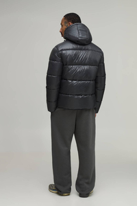 Men Black Hooded Puffer Jacket Winter 2026 Glossy <b>Padded</b> <b>Coat</b> Full Zip Quilted <b>Waterproof</b> Outerwear Custom OEM Windproof Casual - Product Image 4