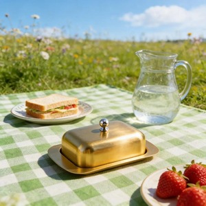 Élégante becasse à beurre dorée avec couvercle, pour cuisine et table à manger, support à beurre élégant et haut de gamme, adapté aux restaurants et cafés - Product Image 5