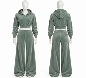 Ensemble de survêtement pour femme en velours rouge, avec haut court zippé à capuche et pantalon large, deux pièces, 100% coton anti-boulochage, hiver - Product Image 4