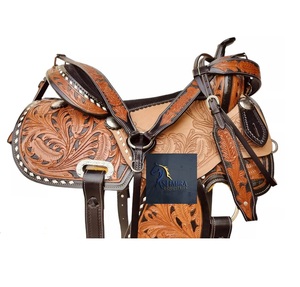 Silla de montar western de cuero tópico con grabado floral, asiento de gamuza negra, accesorios de acero inoxidable y juego de arreos, de 10 a 18 pulgadas - Product Image 1