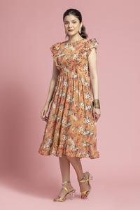 Robe de fête élégante pour filles avec imprimé floral couleur moutarde, manches à volants et tissu en georgette pour occasions spéciales - Product Image 6