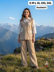Conjunto coordinado de 3 piezas de algodón y yute premium para mujer con koti con patchwork floral y pantalones de pierna ancha |   Estilo Kashmirí - Product Image 2