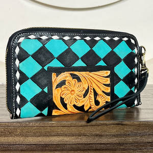 New Fashion Hand Tooled Leather <b>Clutch</b> Purse Checkered Pattern Super September Credit Card Holder For Women's <b>Wallet</b> Daily - Product Image 5