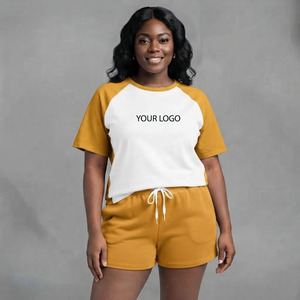 Custom Women 2 Piece Shorts Set White Mustard <b>Raglan</b> Crop <b>Top</b> & Drawstring Shorts Casual Loose Fit Spring Summer 100 Cotton - Product Image 1