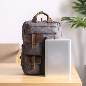 Genuine Leather Water Resistant <b>Canvas</b> <b>Backpack</b> Casual Travel School Laptop Wholesale Bulk Custom Logo Supplier LCB-0077 - Product Image 3