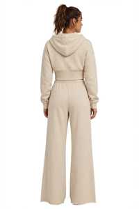 <b>Womens</b> Beige Cropped Zip Hoodie And Wide Leg <b>Sweatpants</b> 2 Piece Tracksuit Set Casual Loose Fit - Product Image 2