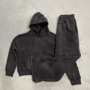 OEM ODM 450 Gsm Double Waisted Boxy Rhinestone Acid Washed Tracksuit Distressed Screen Print Sweat <b>Shorts</b> and Hoodie Set - Product Image 2