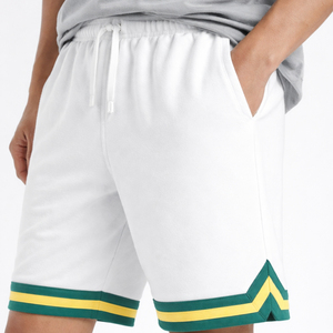 Shorts en coton blanc pour homme avec cordon de serrage et bordure verte et jaune, coupe classique, vêtements de sport d'été - Product Image 5