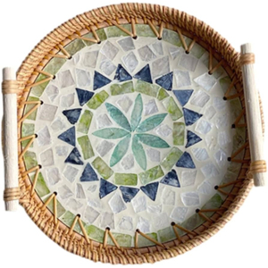 Plateau de service rond unique en rotin avec incrustation de nacre, plateau décoratif en osier pour table basse, plateau ottoman en matériau naturel - Product Image 4