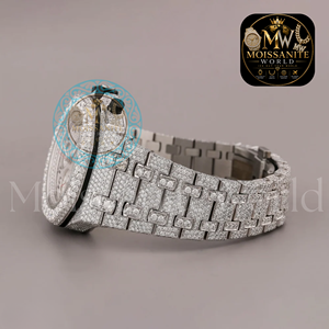Montre chronographe analogique de luxe en moissanite ronde, mouvement à quartz 45 mm, bracelet en acier inoxydable, fermoir déployant, pour homme - Product Image 2