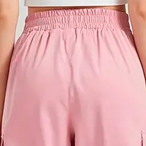 Women Pink Cargo Pants Mid Waist Elastic Loose Fit <b>Ankle</b>-Length Solid Color Cotton Casual Spring Style With Pockets - Product Image 4