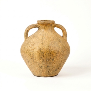 Vase en terre cuite rustique jaune <span class=keywords><strong>Lela</strong></span> avec poignée, perles décoratives, pot en argile artisanal, urne décorative en céramique pour table - Product Image 1