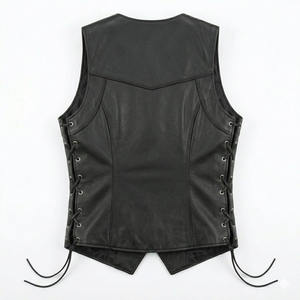 เสื้อกั๊กมอเตอร์ไซค์หนังสีดำแบบคอวีสำหรับผู้หญิง ยี่ห้อ Kadia Custom พร้อมเชือกผูกด้านข้าง ซิป และโลโก้ปั๊มนูน สำหรับขี่มอเตอร์ไซค์แบบ Tactical - Product Image 5