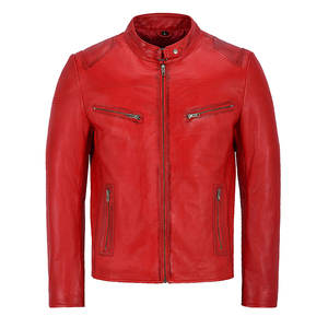 Blouson moto homme en cuir véritable rouge, col montant, fermeture éclair, coupe ajustée, longueur standard, couleur unie, style motard, en vente - Product Image 1