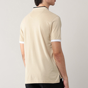 Camisa Elegante y Sofisticada para Hombre, Color Caqui Blanco Sólido, Manga Corta, Cuello de Punto Acanalado, Solapa Bordada, 100% Algodón - Product Image 3