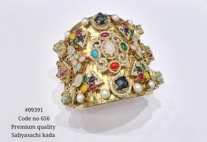 Bracelet manchette plaqué or avec pierres précieuses multicolores et perles, jonc ouvert en zircon cubique, bijou de mariage - Product Image 2