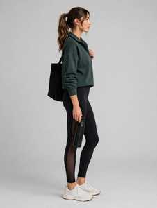 Ensemble de survêtement 2 en 1 pour femme, sweat-shirt vert à demi-zip et leggings en mesh noir - Product Image 5